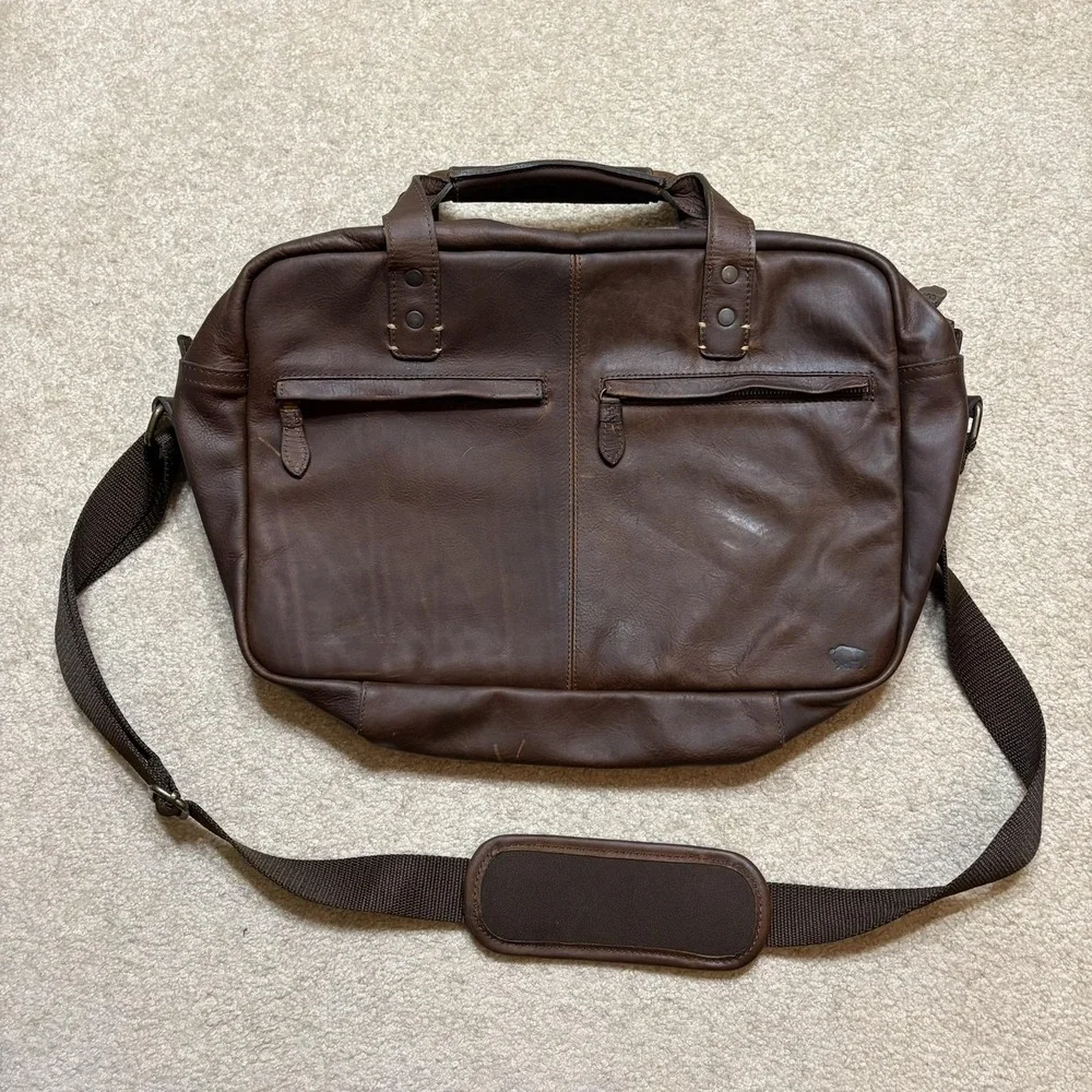 Buffalo Jackson Mahogany Brown Leather Laptop Bag Case Briefcase Messenger Strap